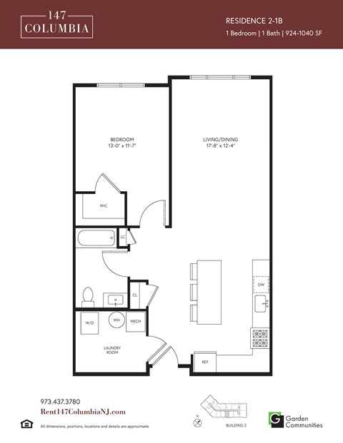 Floor plan for 1 bed, 1 bath, 924 sqft